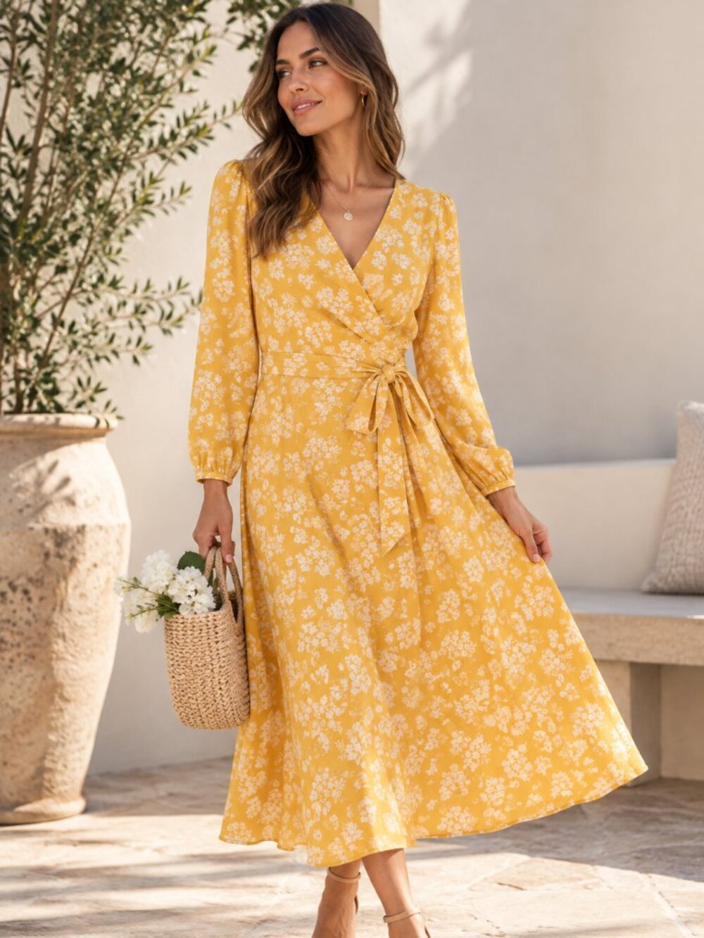 Lauren Ralph Lauren Yellow Floral Wrap Maxi Dress Size 8